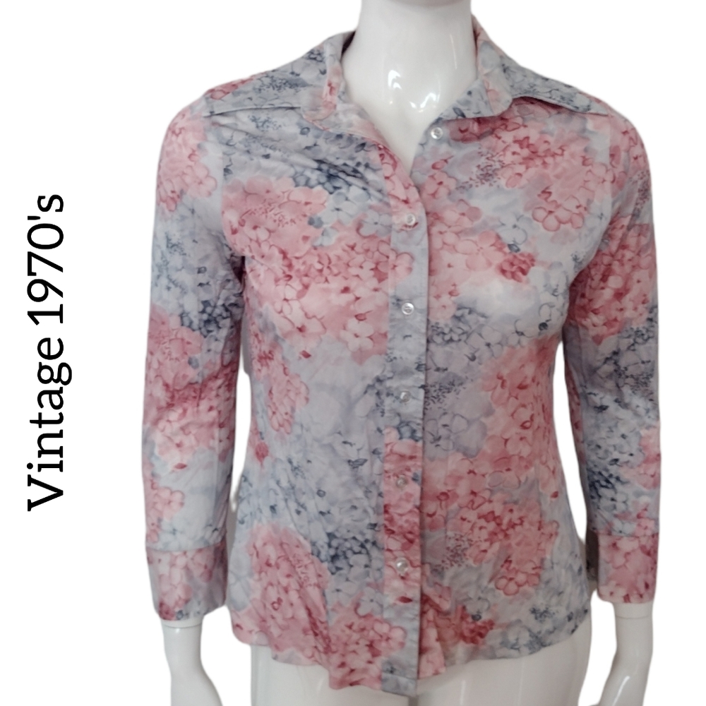 Vintage 1970's Groovy Watercolor Floral Print Butterfly Collar Shirt Size Large